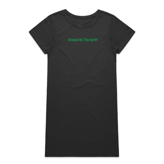 Black t-shirt dress with 'Kissed By The Earth' text in green 