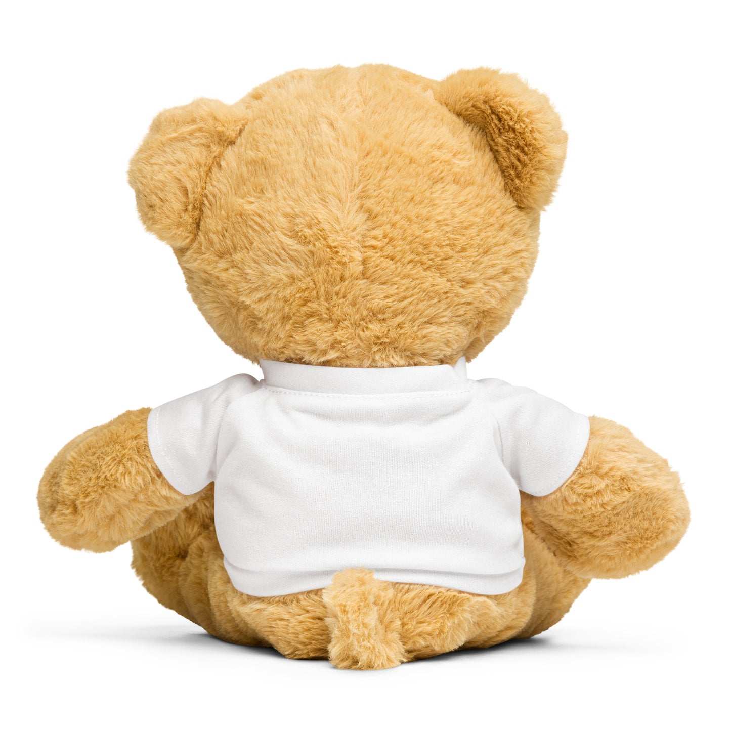 The back of a Brown teddy bear wearing a white shirt