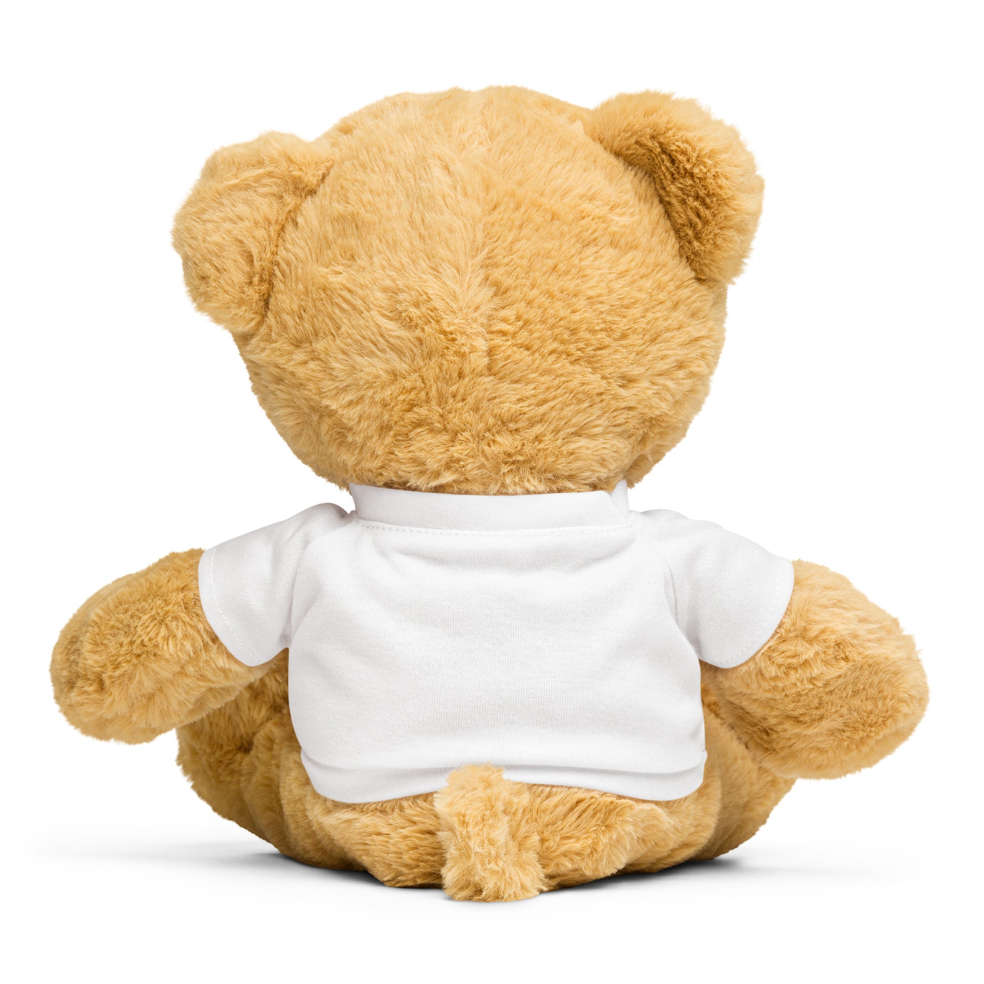 The back of a Brown teddy bear wearing a white shirt